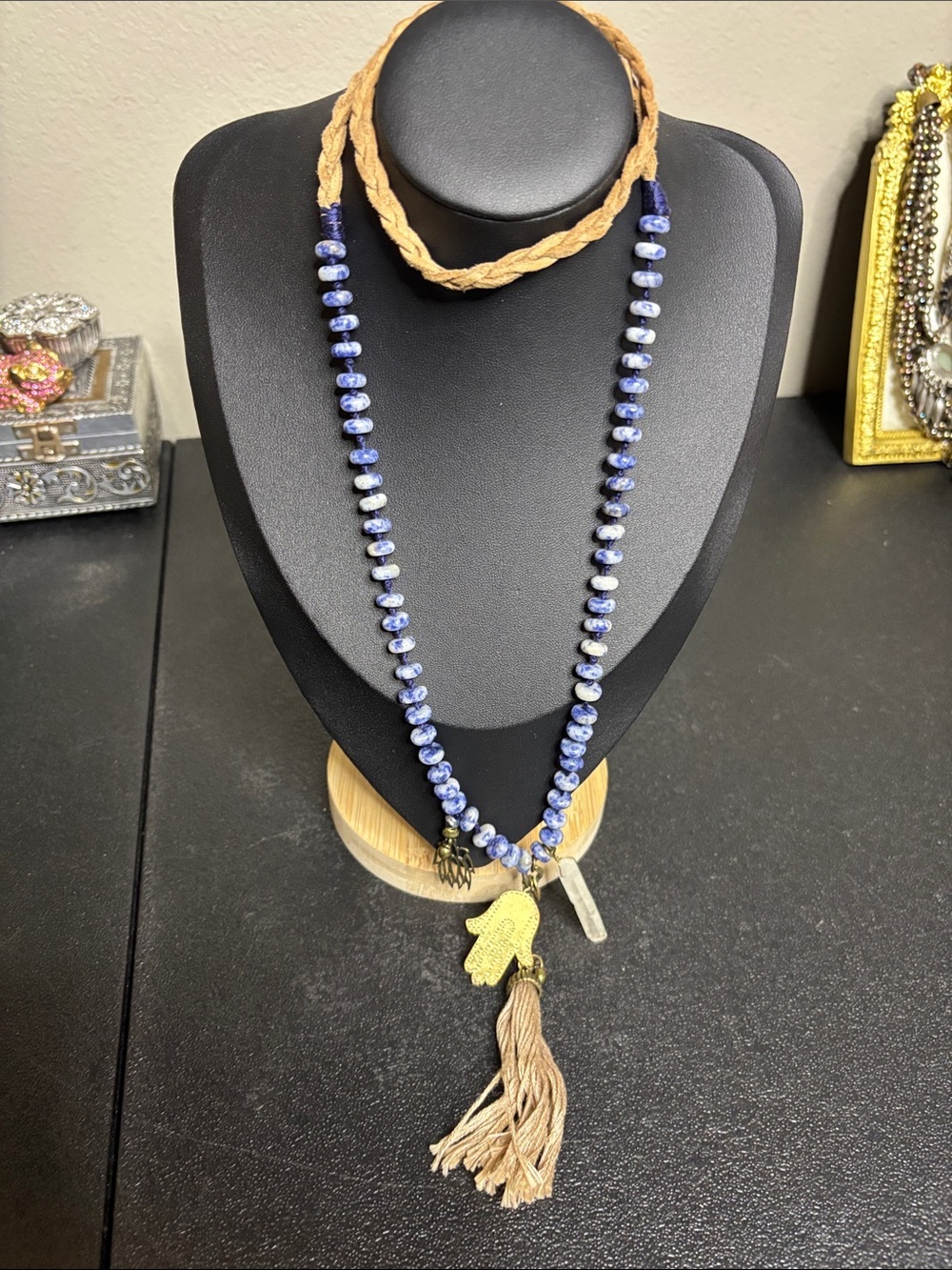 Boho Blue Lapis Stone Beaded Necklace Hamsa Charm Cream Tassel